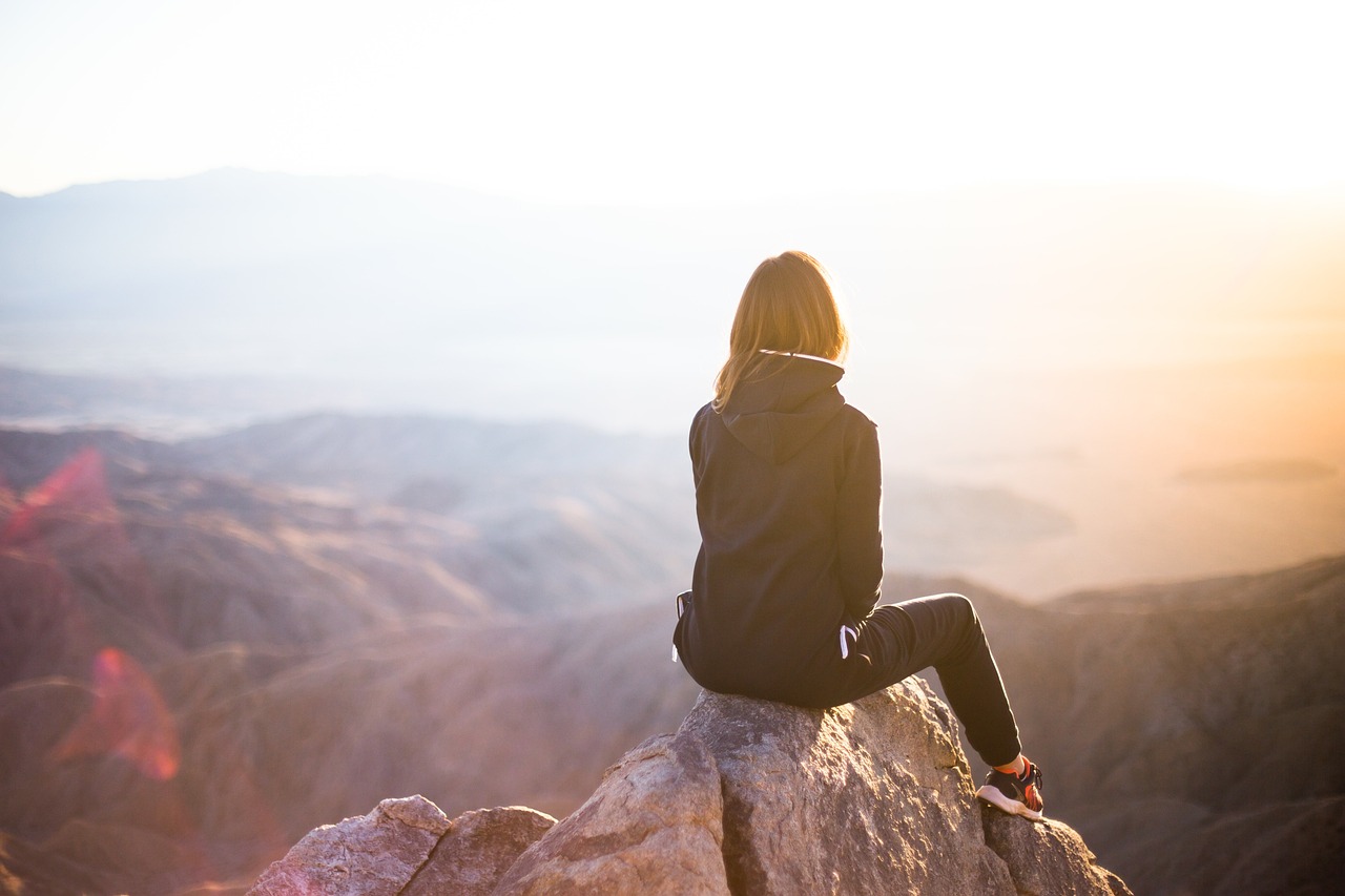 people, woman, travel, adventure, trek, mountain, rock, sunset, cliff, black, nature, hoodie, jacket, alone, thinking, freedom